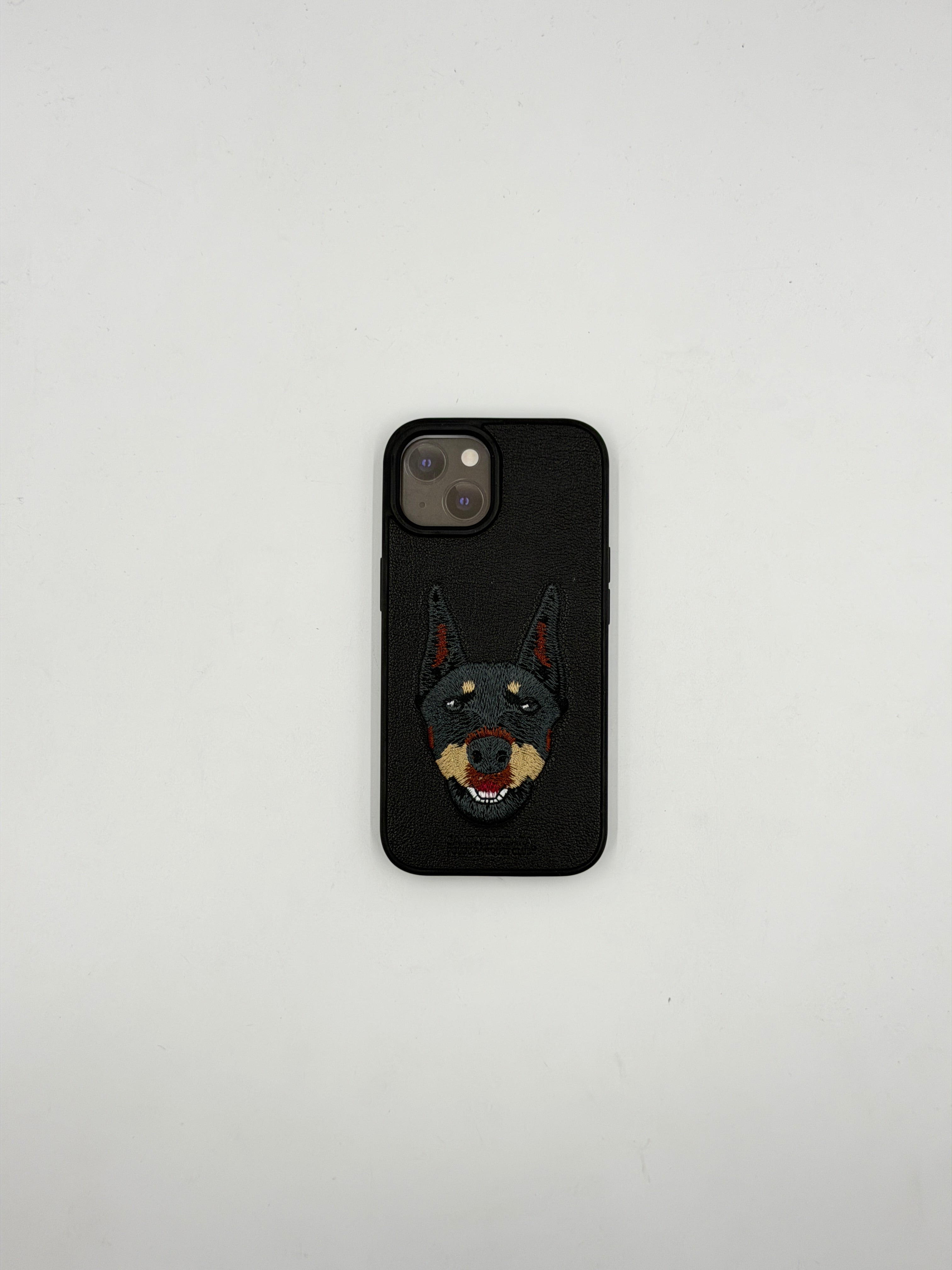 Black Doberman Embroidered Leather Case (iPhone 15)
